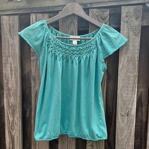 LOFT teal shirt shirt sleeve top crosshatch pattern small petite